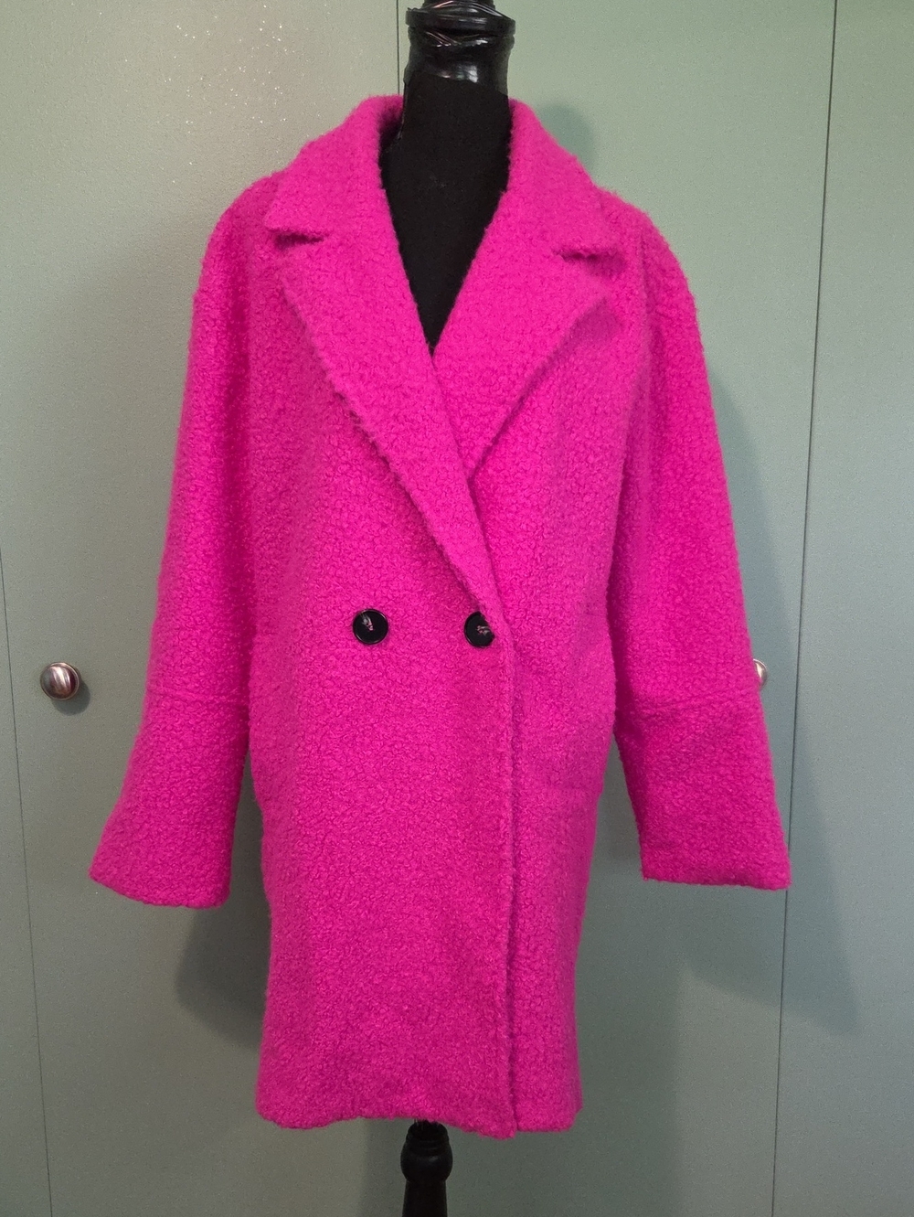 Ellison Hot Pink Teddy Bouclé Fuzzy Double-Breasted Coat Size Small
